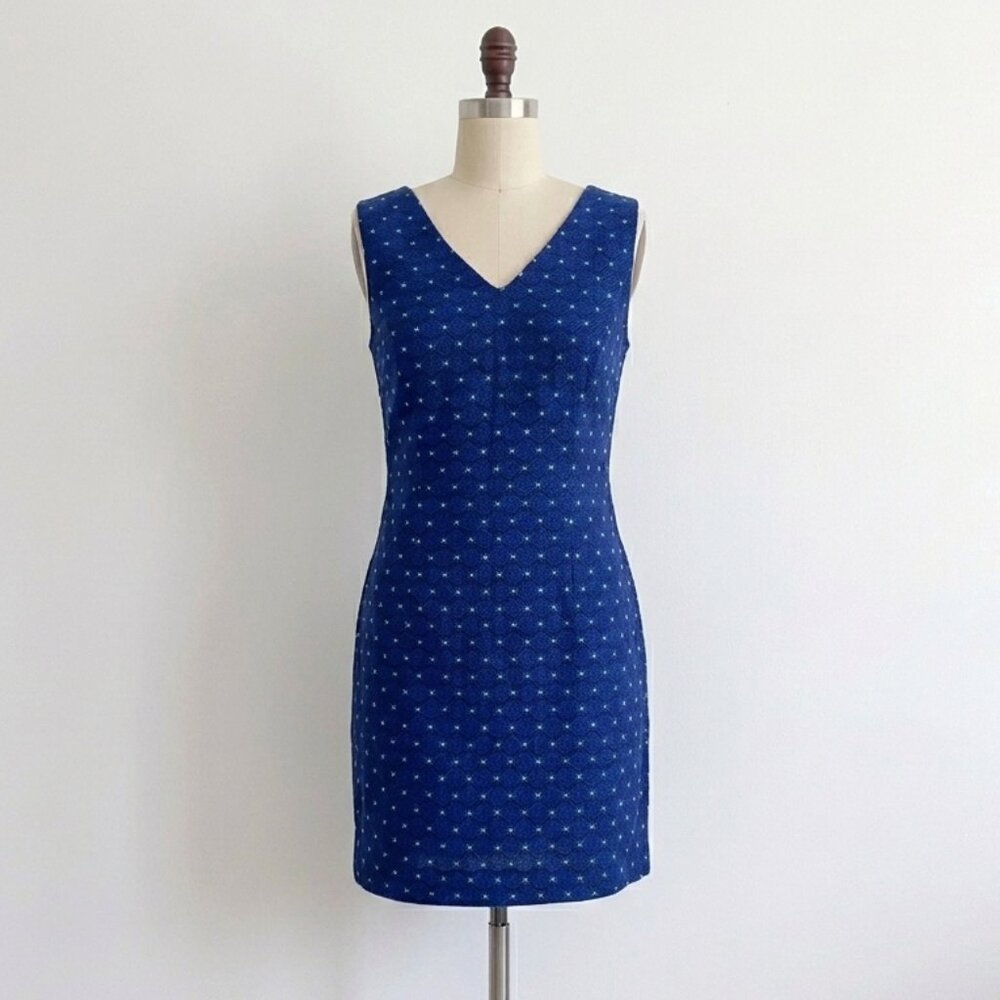 NWT C. Luce Mini Dress Fitted Knit Embroidery Blue Granny Squares Preppy Bodycon